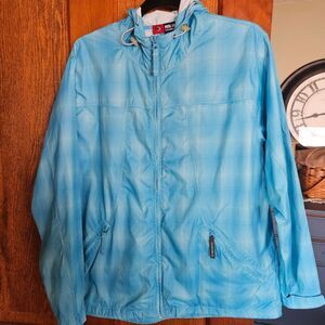 Reel Legends Turquoise Blue Plaid Lightweight Windbreaker Women’s Size L Hooded